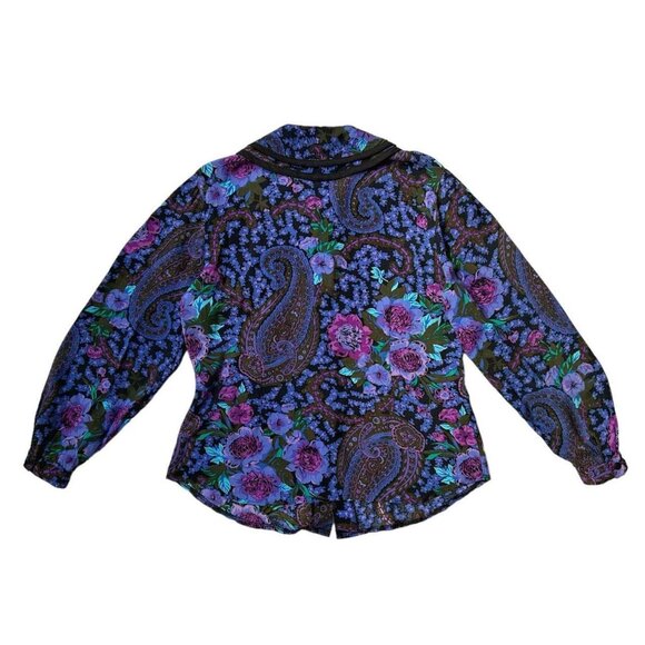 80s vintage floral Peter Pan Collar blouse paisley print puff sleeve button up. - Picture 3 of 7